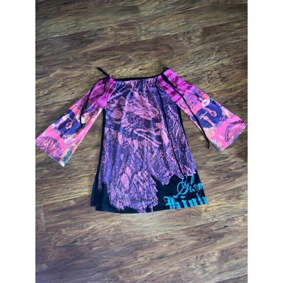 CUSTO Barcelona Flare Sleeve Tunic Top Colorful Bird Print Size  4 Large / L - Picture 5 of 9